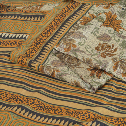 Sanskriti Vintage Sarees Ivory Indian Pure Silk Printed Sari 5yd Craft Sustainable Fabric