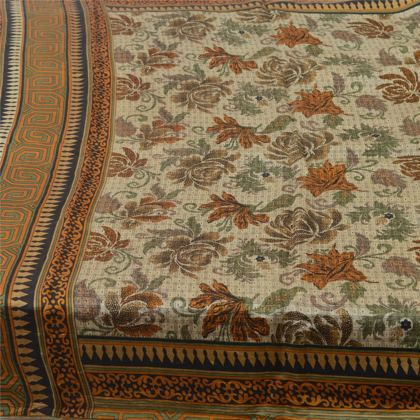 Sanskriti Vintage Sarees Ivory Indian Pure Silk Printed Sari 5yd Craft Sustainable Fabric