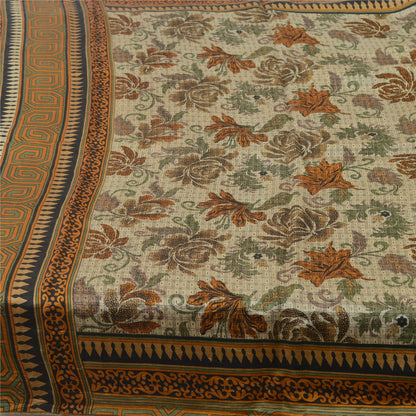 Sanskriti Vintage Sarees Ivory Indian Pure Silk Printed Sari 5yd Craft Sustainable Fabric