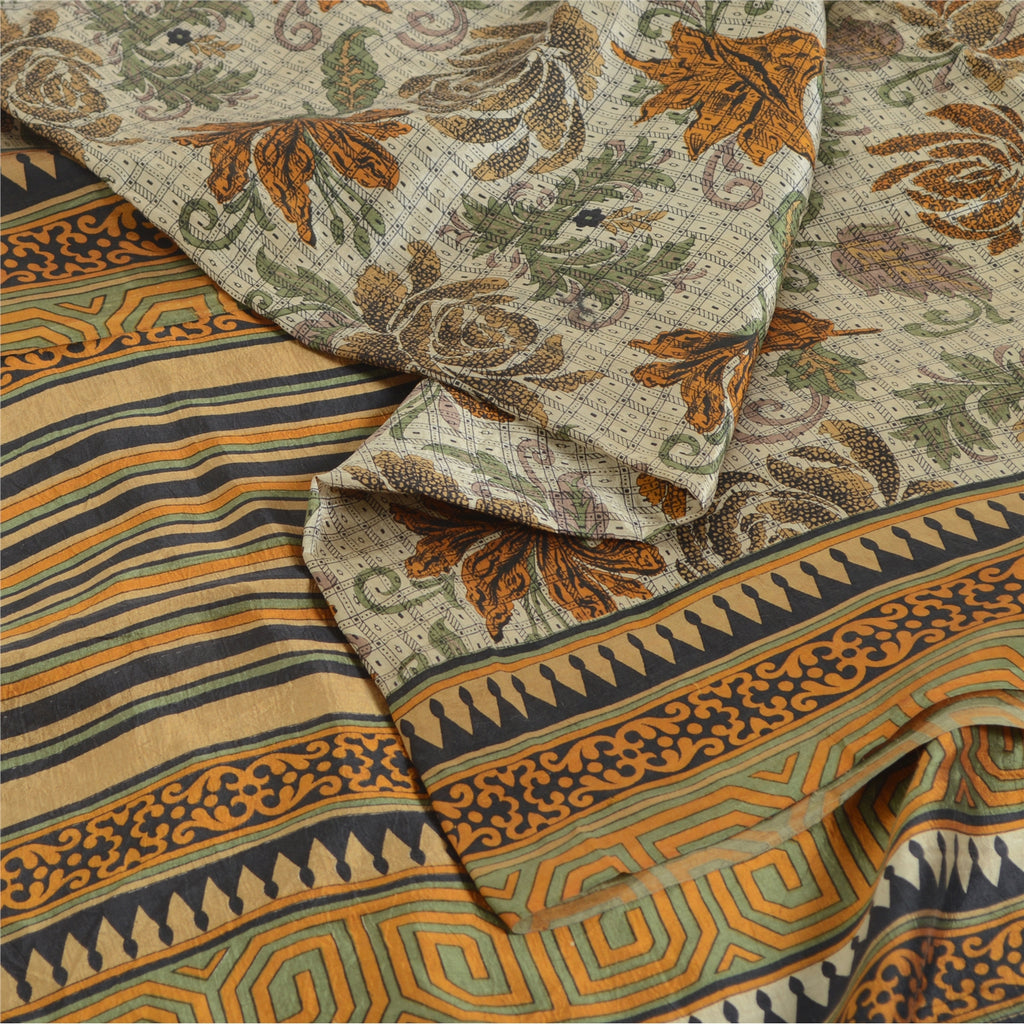 Sanskriti Vintage Sarees Ivory Indian Pure Silk Printed Sari 5yd Craft Sustainable Fabric