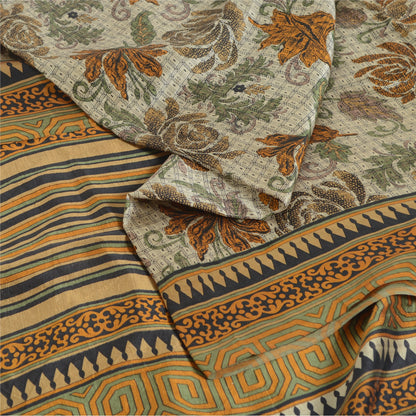 Sanskriti Vintage Sarees Ivory Indian Pure Silk Printed Sari 5yd Craft Sustainable Fabric