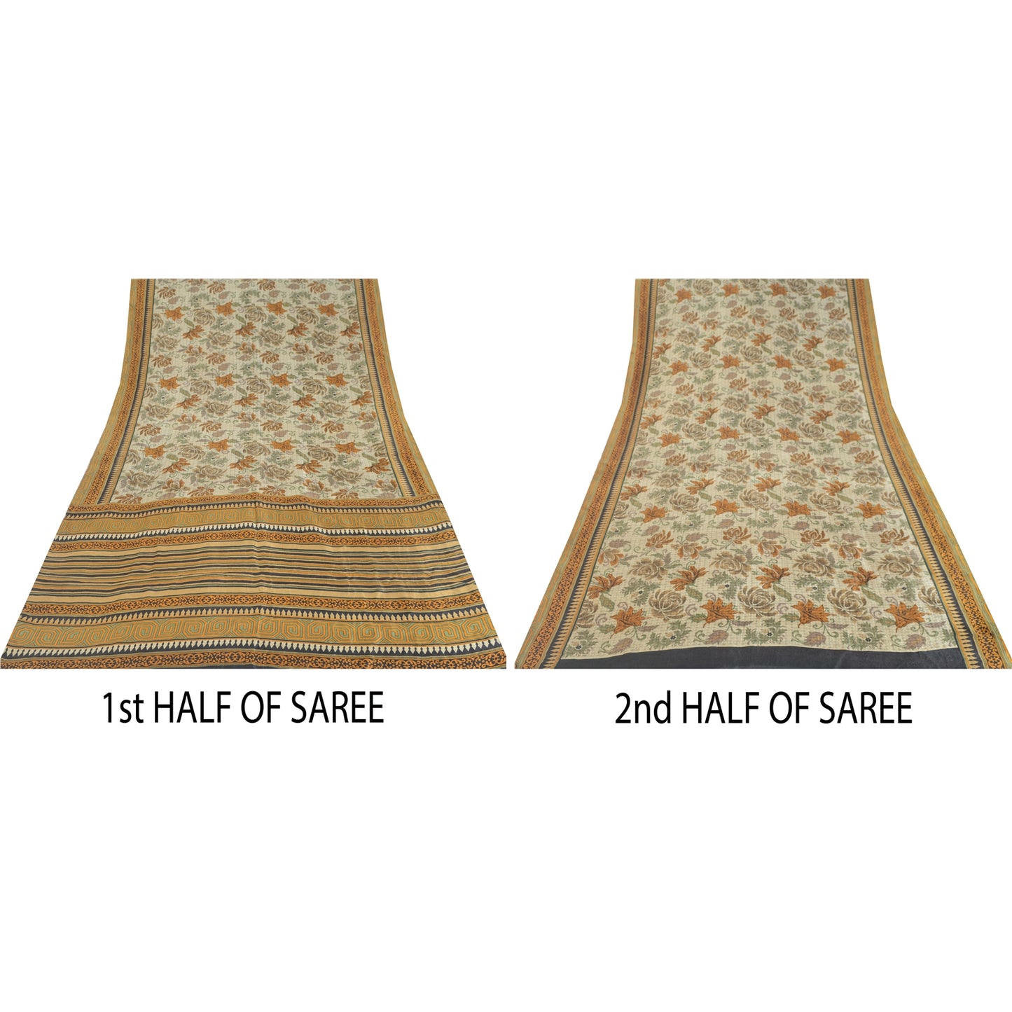 Sanskriti Vintage Sarees Ivory Indian Pure Silk Printed Sari 5yd Craft Sustainable Fabric