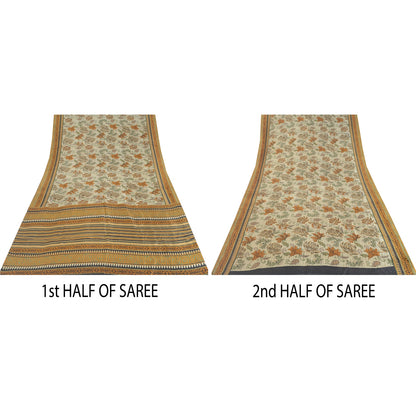 Sanskriti Vintage Sarees Ivory Indian Pure Silk Printed Sari 5yd Craft Sustainable Fabric