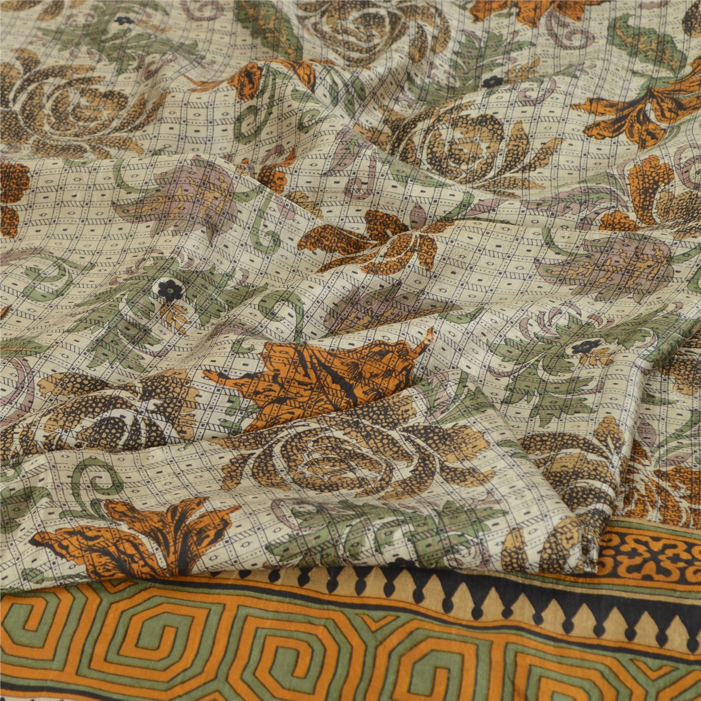 Sanskriti Vintage Sarees Ivory Indian Pure Silk Printed Sari 5yd Craft Sustainable Fabric