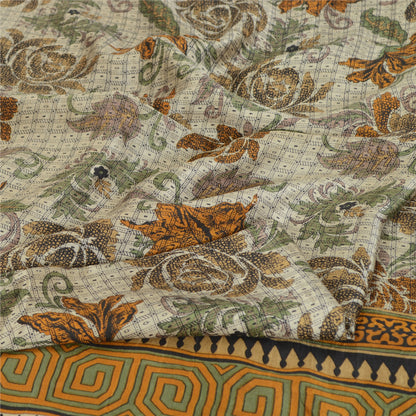 Sanskriti Vintage Sarees Ivory Indian Pure Silk Printed Sari 5yd Craft Sustainable Fabric