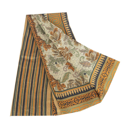 Sanskriti Vintage Sarees Ivory Indian Pure Silk Printed Sari 5yd Craft Sustainable Fabric