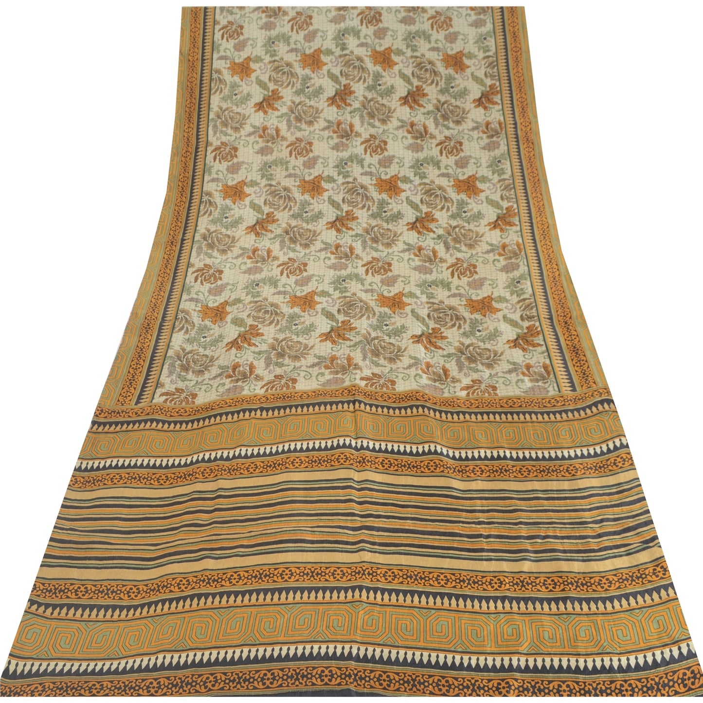 Sanskriti Vintage Sarees Ivory Indian Pure Silk Printed Sari 5yd Craft Sustainable Fabric