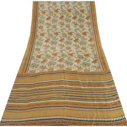 Sanskriti Vintage Sarees Ivory Indian Pure Silk Printed Sari 5yd Craft Sustainable Fabric
