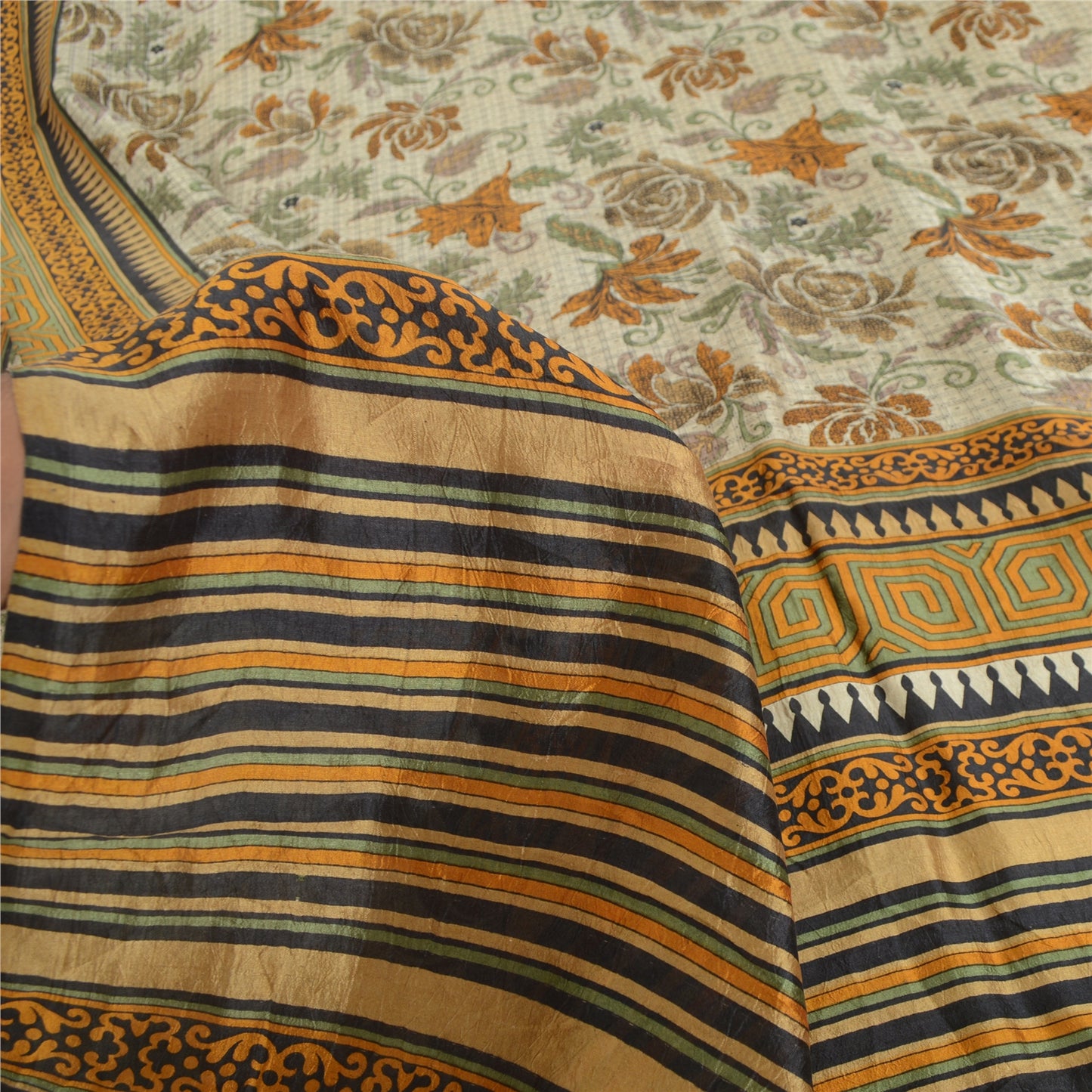 Sanskriti Vintage Sarees Ivory Indian Pure Silk Printed Sari 5yd Craft Sustainable Fabric