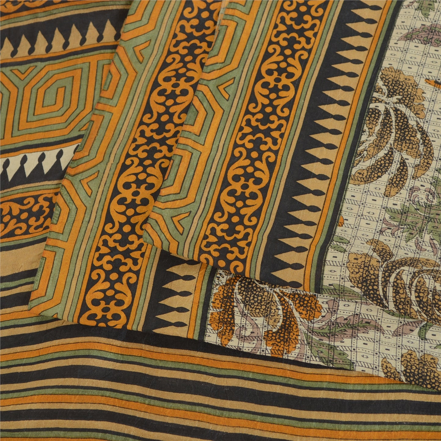 Sanskriti Vintage Sarees Ivory Indian Pure Silk Printed Sari 5yd Craft Sustainable Fabric