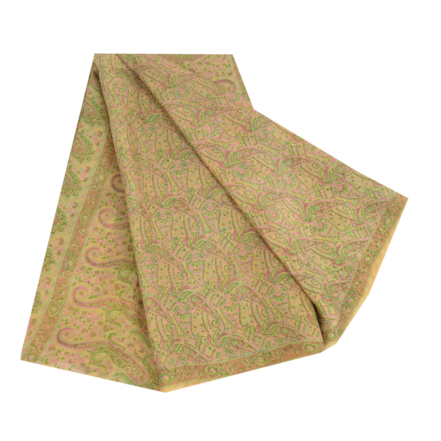 Sanskriti Vintage Sarees Beige Indian Pure Silk Printed Sari 6yd Craft Sustainable Fabric