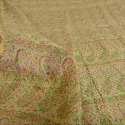 Sanskriti Vintage Sarees Beige Indian Pure Silk Printed Sari 6yd Craft Sustainable Fabric
