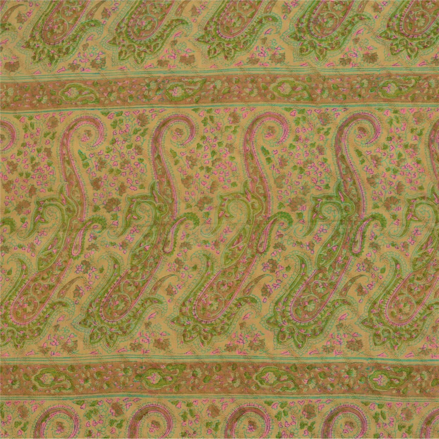 Sanskriti Vintage Sarees Beige Indian Pure Silk Printed Sari 6yd Craft Sustainable Fabric