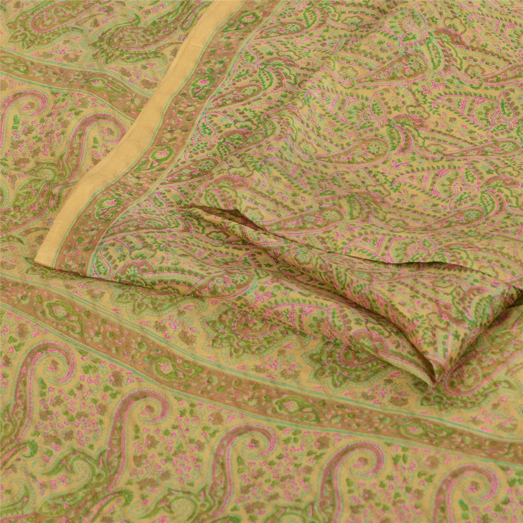 Sanskriti Vintage Sarees Beige Indian Pure Silk Printed Sari 6yd Craft Sustainable Fabric