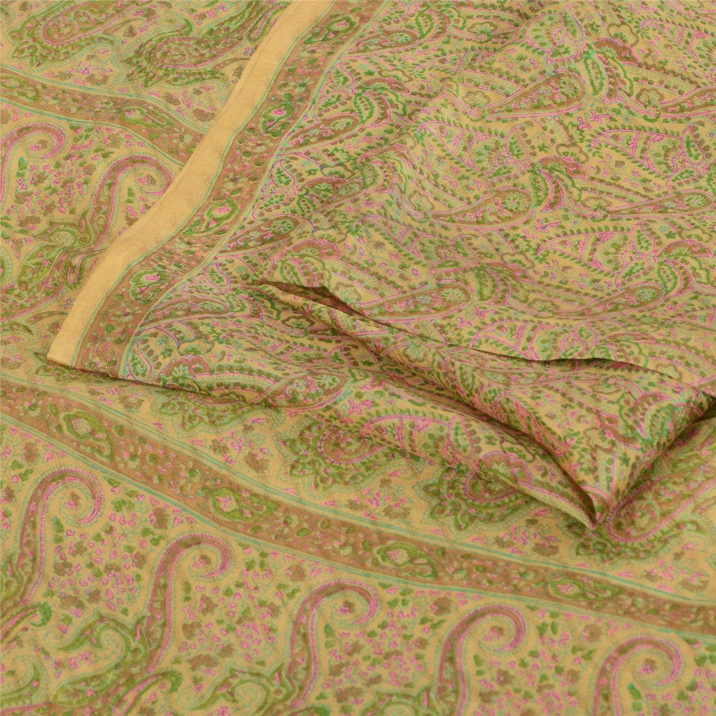 Sanskriti Vintage Sarees Beige Indian Pure Silk Printed Sari 6yd Craft Sustainable Fabric