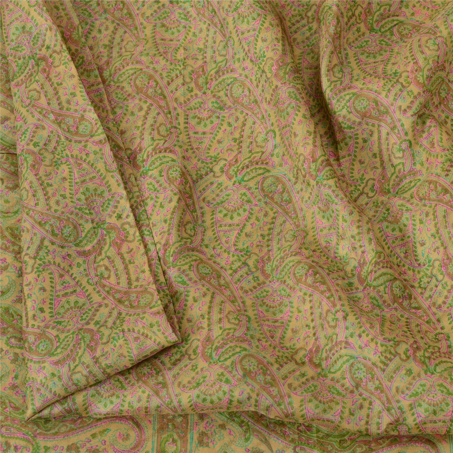 Sanskriti Vintage Sarees Beige Indian Pure Silk Printed Sari 6yd Craft Sustainable Fabric