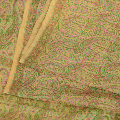 Sanskriti Vintage Sarees Beige Indian Pure Silk Printed Sari 6yd Craft Sustainable Fabric