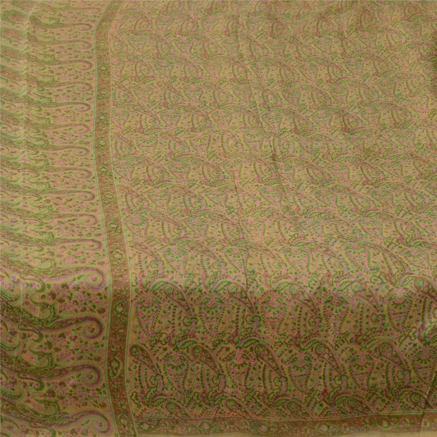 Sanskriti Vintage Sarees Beige Indian Pure Silk Printed Sari 6yd Craft Sustainable Fabric