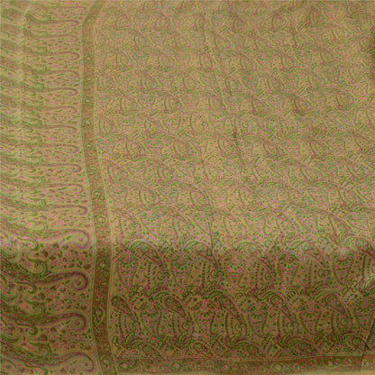 Sanskriti Vintage Sarees Beige Indian Pure Silk Printed Sari 6yd Craft Sustainable Fabric