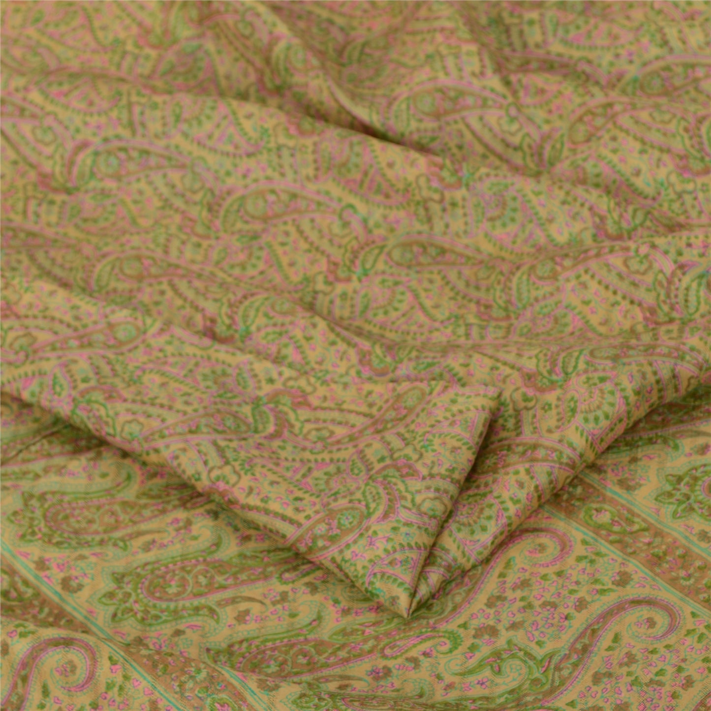Sanskriti Vintage Sarees Beige Indian Pure Silk Printed Sari 6yd Craft Sustainable Fabric