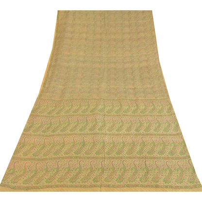 Sanskriti Vintage Sarees Beige Indian Pure Silk Printed Sari 6yd Craft Sustainable Fabric