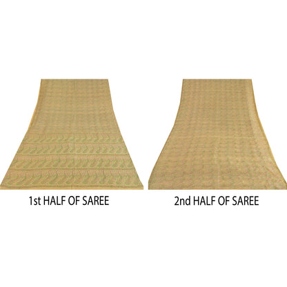 Sanskriti Vintage Sarees Beige Indian Pure Silk Printed Sari 6yd Craft Sustainable Fabric