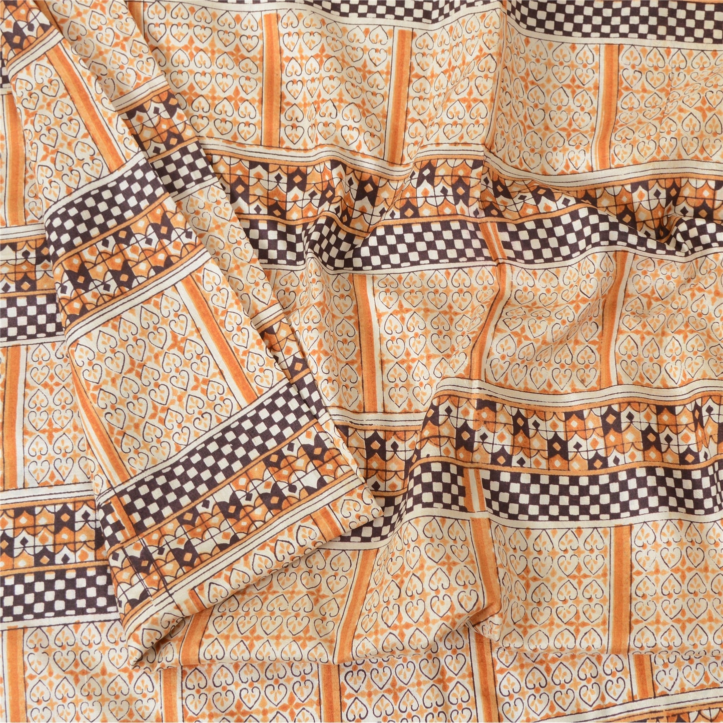 Sanskriti Vintage Sarees Ivory 100% Pure Silk Printed Sari Floral Craft Sustainable Fabric