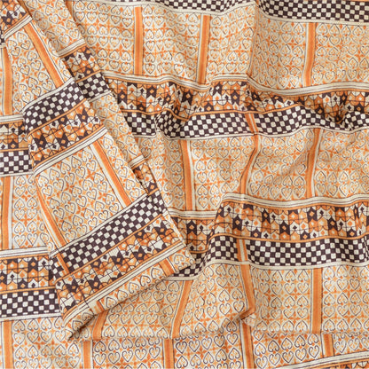 Sanskriti Vintage Sarees Ivory 100% Pure Silk Printed Sari Floral Craft Sustainable Fabric