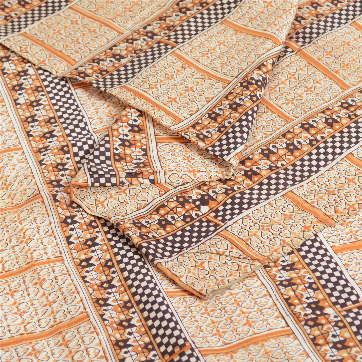 Sanskriti Vintage Sarees Ivory 100% Pure Silk Printed Sari Floral Craft Sustainable Fabric