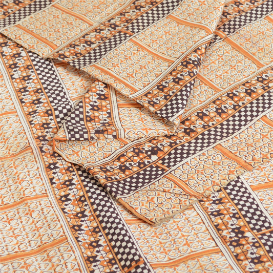 Sanskriti Vintage Sarees Ivory 100% Pure Silk Printed Sari Floral Craft Sustainable Fabric