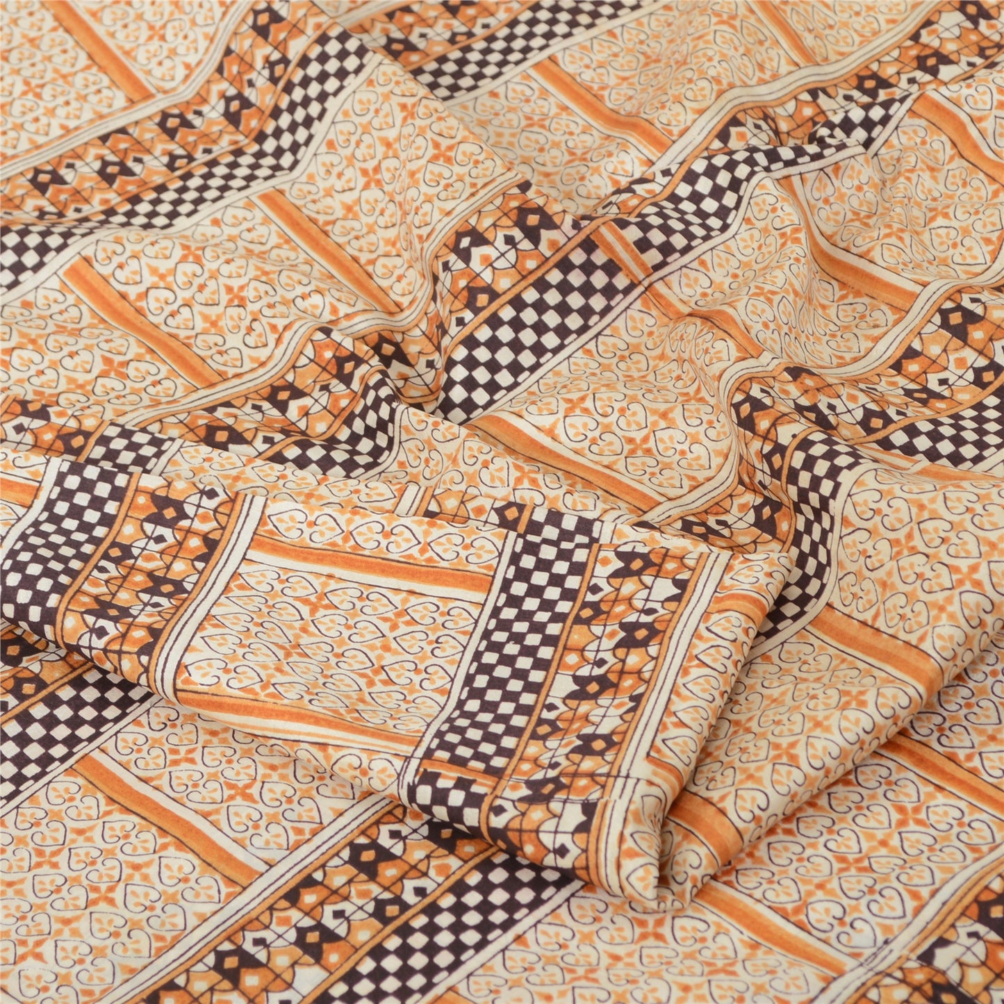 Sanskriti Vintage Sarees Ivory 100% Pure Silk Printed Sari Floral Craft Sustainable Fabric