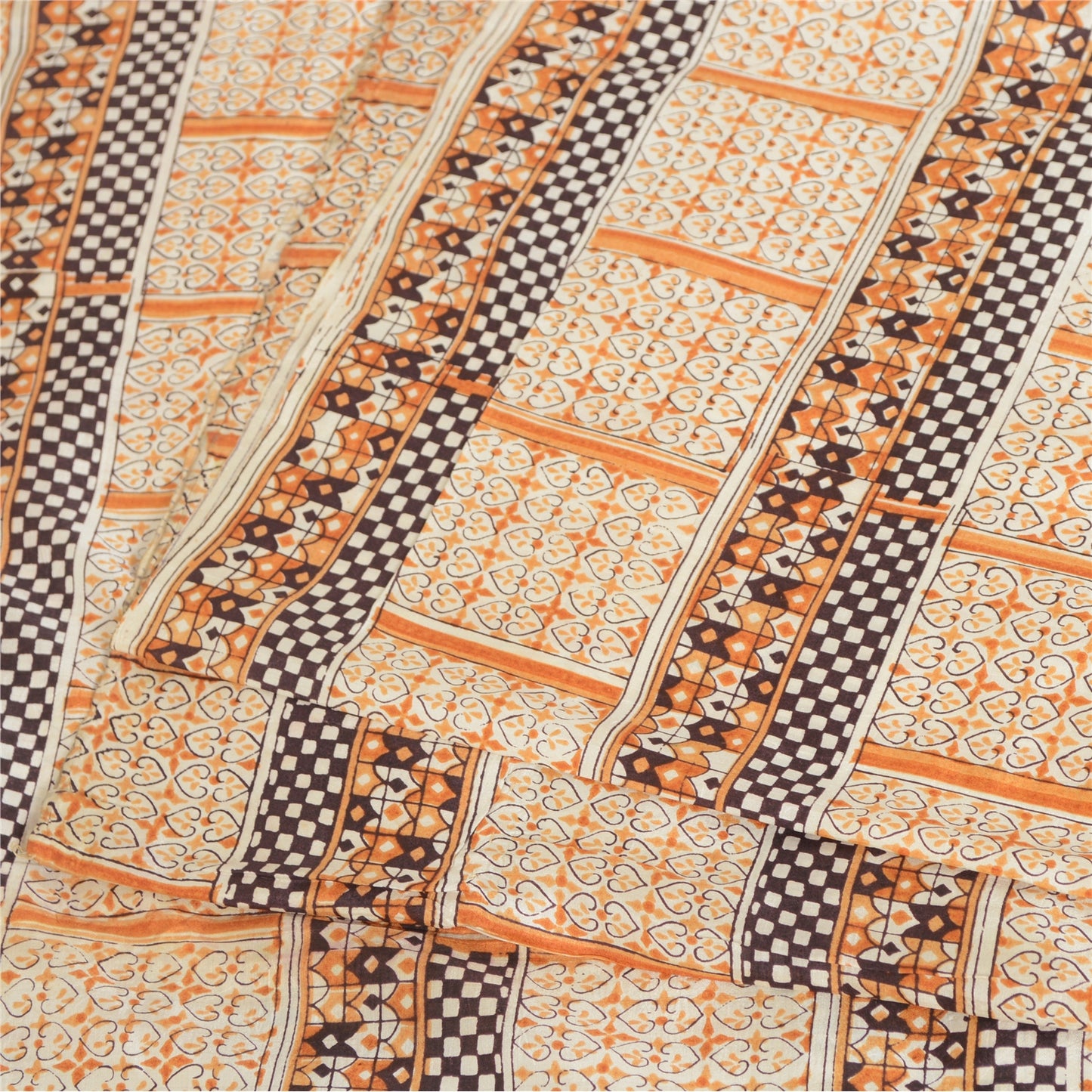 Sanskriti Vintage Sarees Ivory 100% Pure Silk Printed Sari Floral Craft Sustainable Fabric