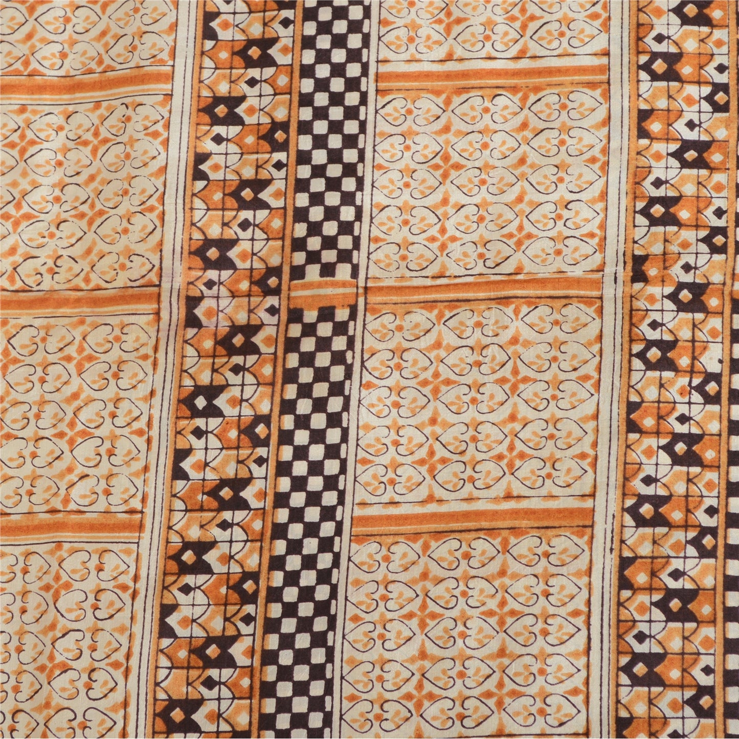 Sanskriti Vintage Sarees Ivory 100% Pure Silk Printed Sari Floral Craft Sustainable Fabric