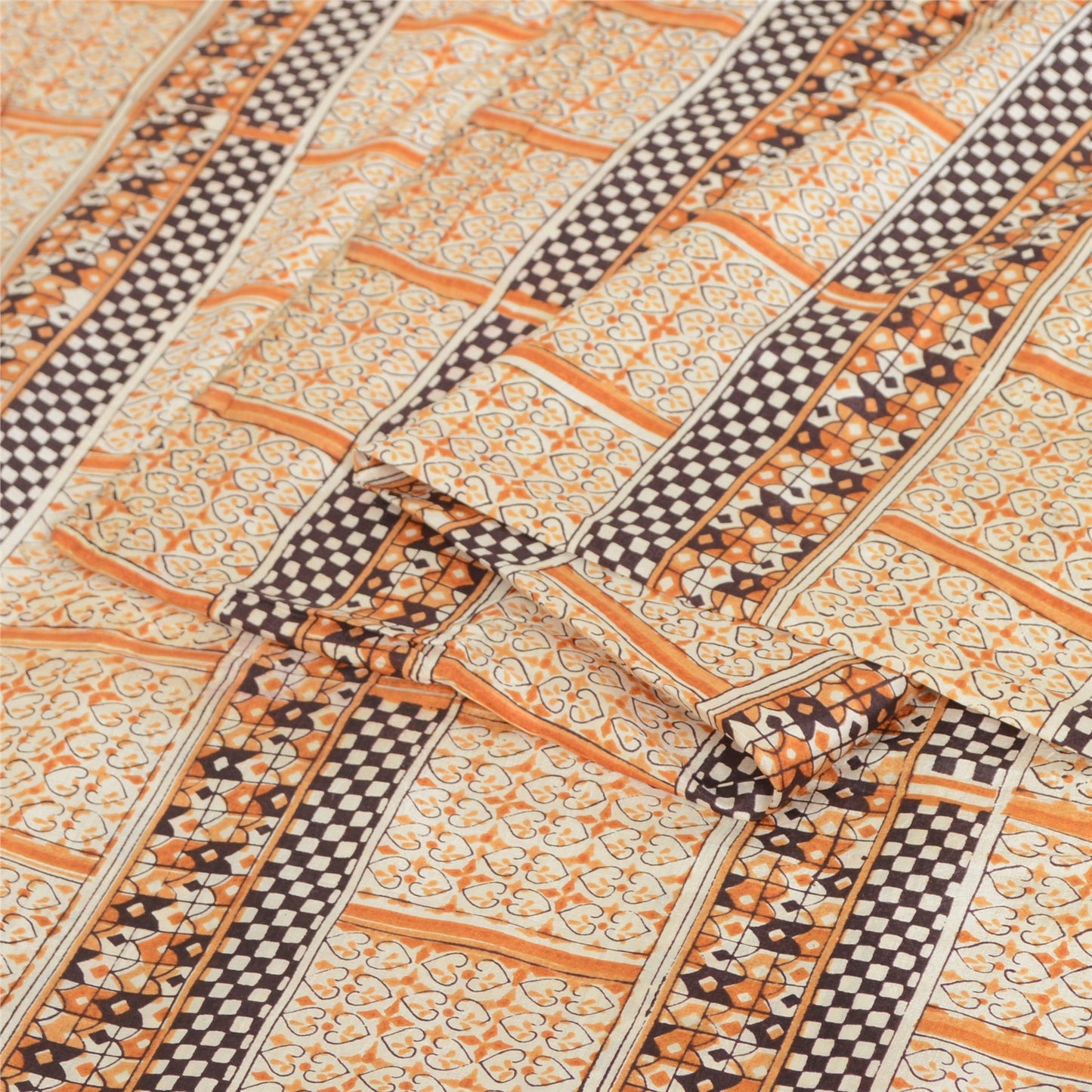 Sanskriti Vintage Sarees Ivory 100% Pure Silk Printed Sari Floral Craft Sustainable Fabric