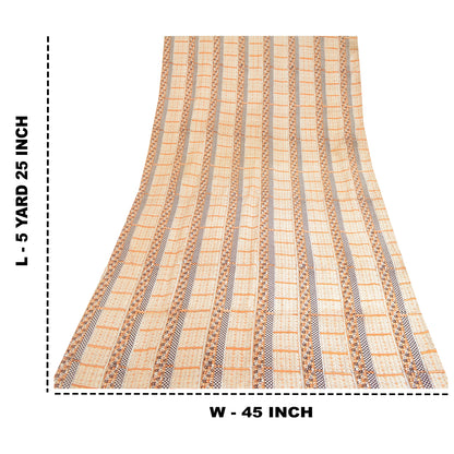 Sanskriti Vintage Sarees Ivory 100% Pure Silk Printed Sari Floral Craft Sustainable Fabric