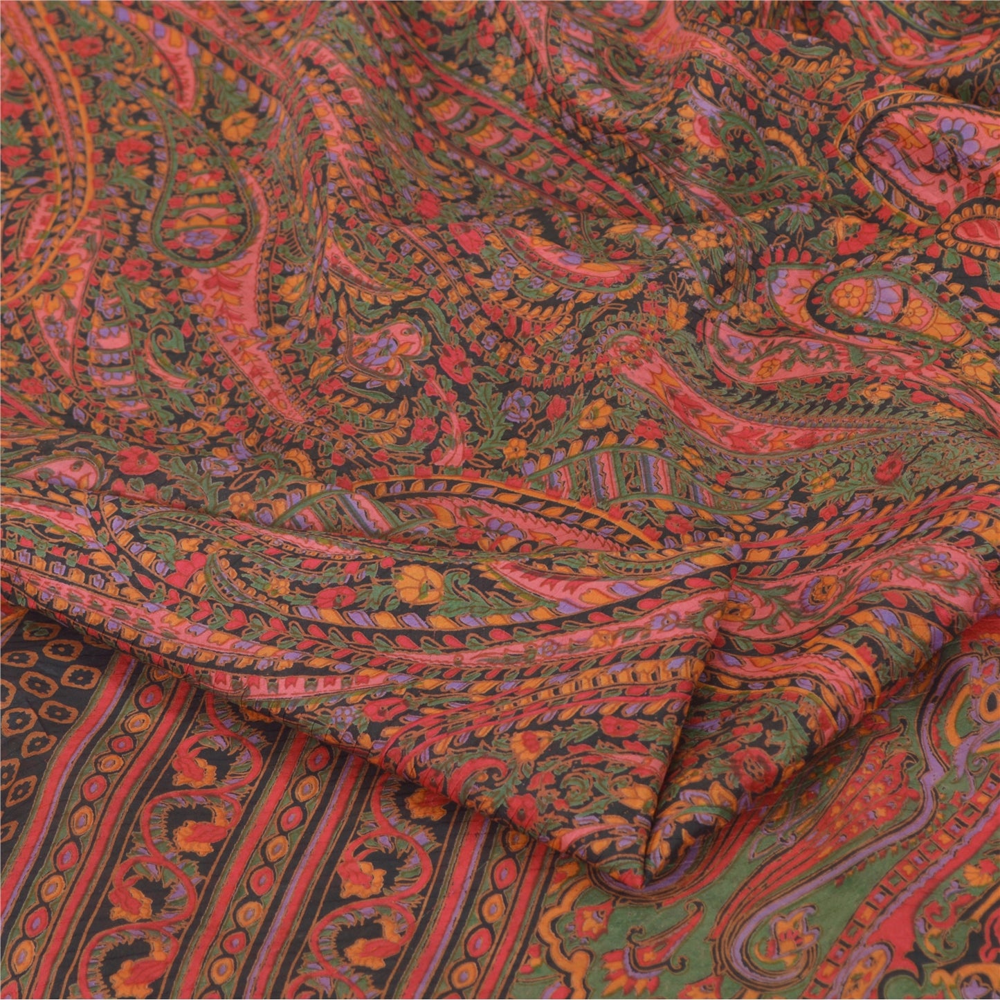 Sanskriti Vintage Sarees Green/Red Indian Blend Silk Print Sari 6yd Craft Sustainable Fabric