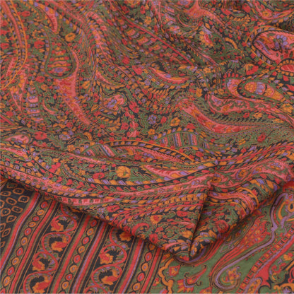 Sanskriti Vintage Sarees Green/Red Indian Blend Silk Print Sari 6yd Craft Sustainable Fabric