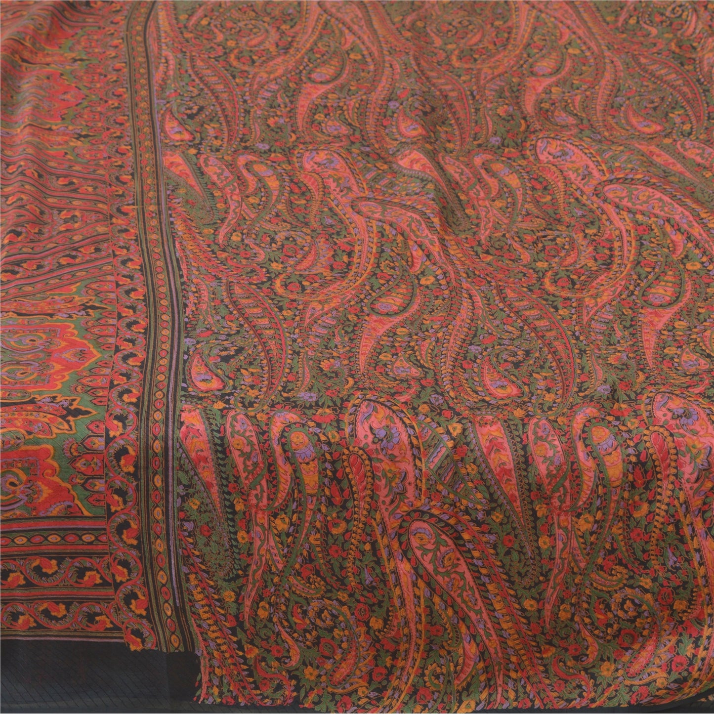 Sanskriti Vintage Sarees Green/Red Indian Blend Silk Print Sari 6yd Craft Sustainable Fabric