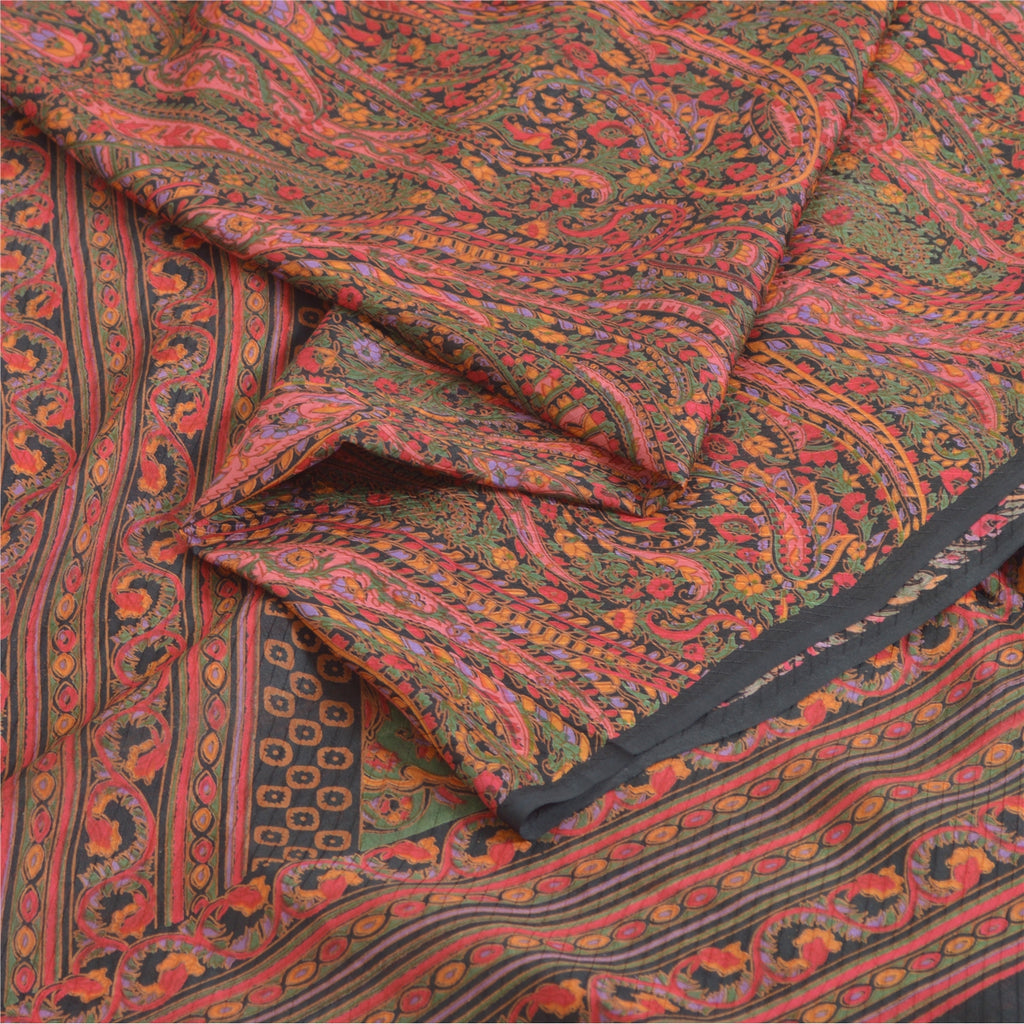 Sanskriti Vintage Sarees Green/Red Indian Blend Silk Print Sari 6yd Craft Sustainable Fabric