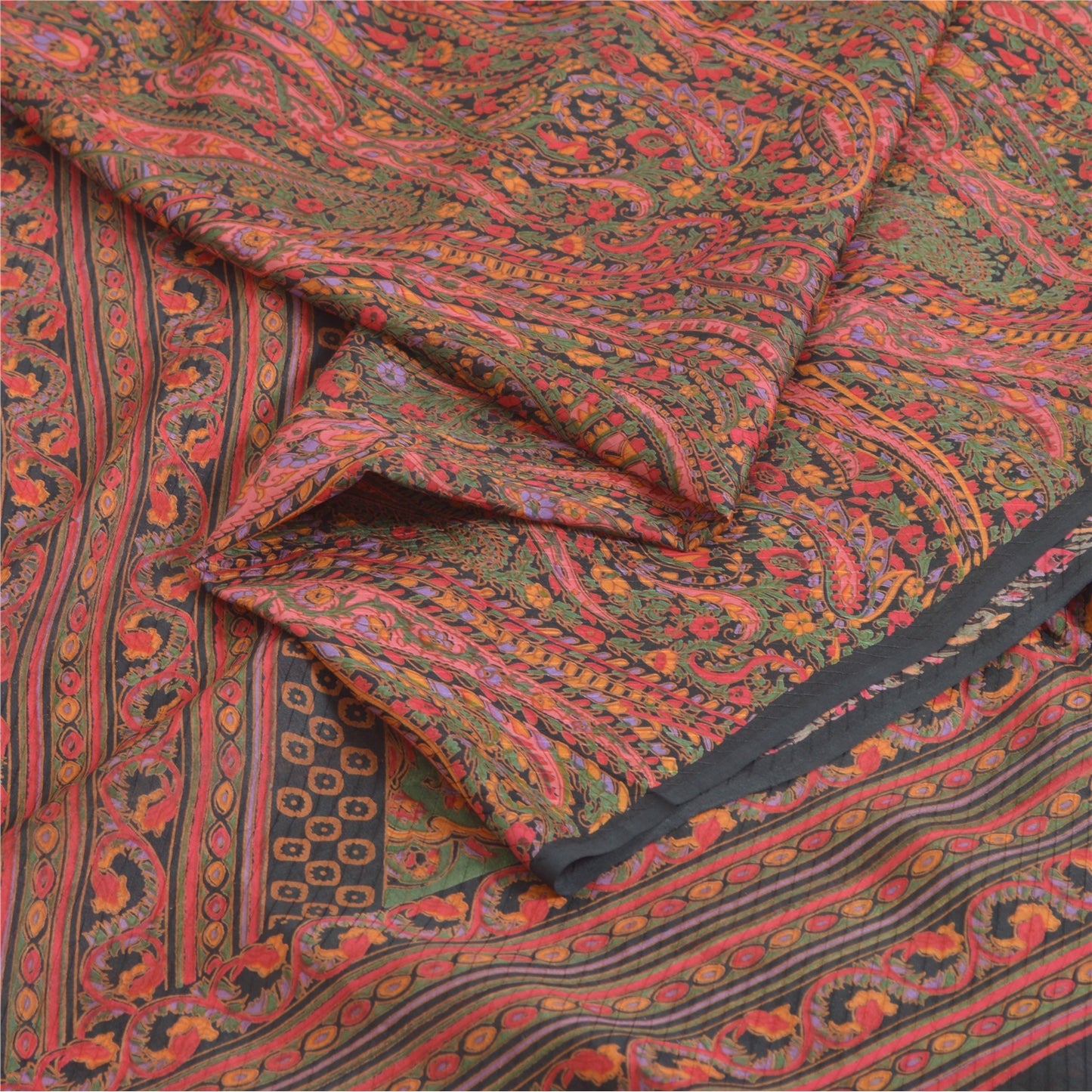 Sanskriti Vintage Sarees Green/Red Indian Blend Silk Print Sari 6yd Craft Sustainable Fabric