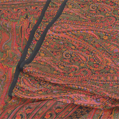 Sanskriti Vintage Sarees Green/Red Indian Blend Silk Print Sari 6yd Craft Sustainable Fabric
