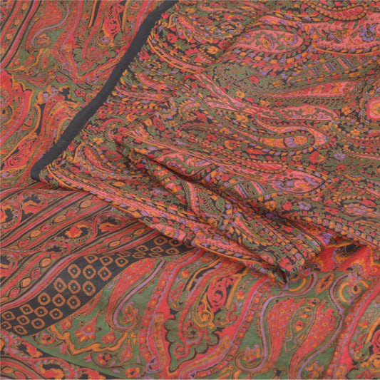 Sanskriti Vintage Sarees Green/Red Indian Blend Silk Print Sari 6yd Craft Sustainable Fabric