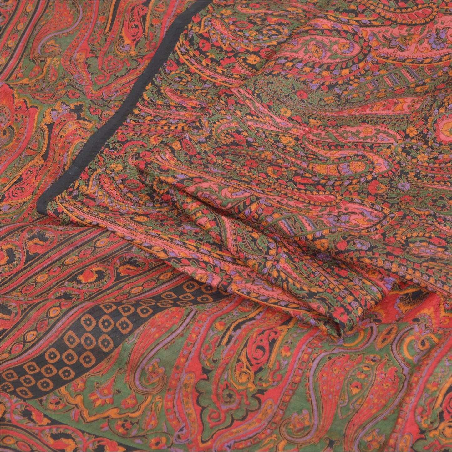 Sanskriti Vintage Sarees Green/Red Indian Blend Silk Print Sari 6yd Craft Sustainable Fabric