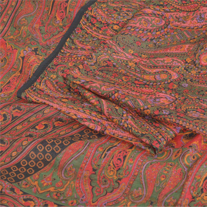 Sanskriti Vintage Sarees Green/Red Indian Blend Silk Print Sari 6yd Craft Sustainable Fabric