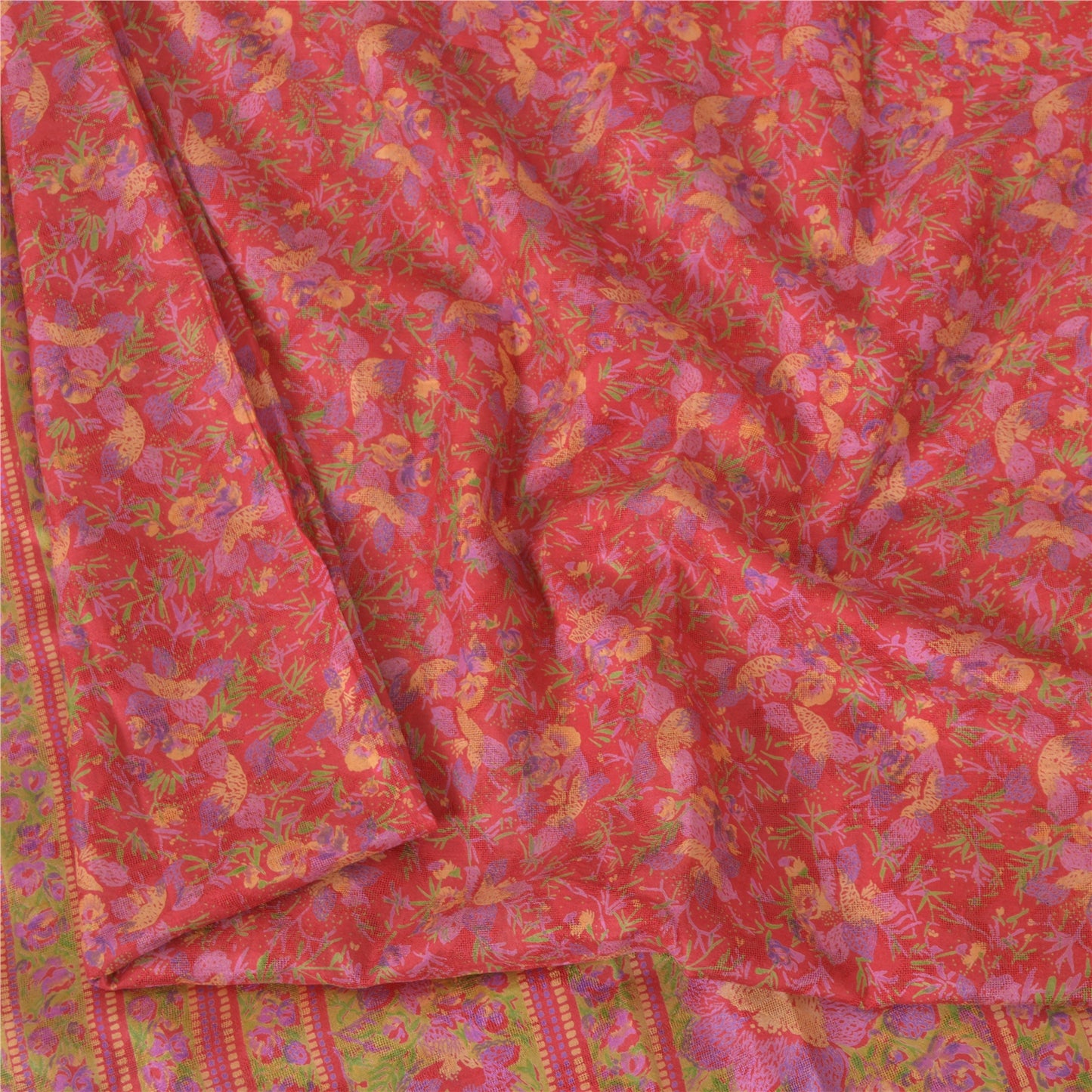 Sanskriti Vintage Sarees Red 6yd Quilting Felting Craft Sustainable Fabric Pure Silk Sari