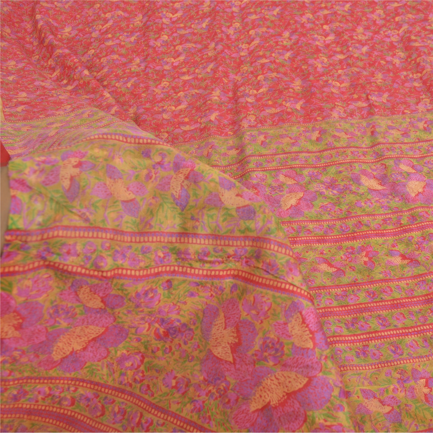 Sanskriti Vintage Sarees Red 6yd Quilting Felting Craft Sustainable Fabric Pure Silk Sari