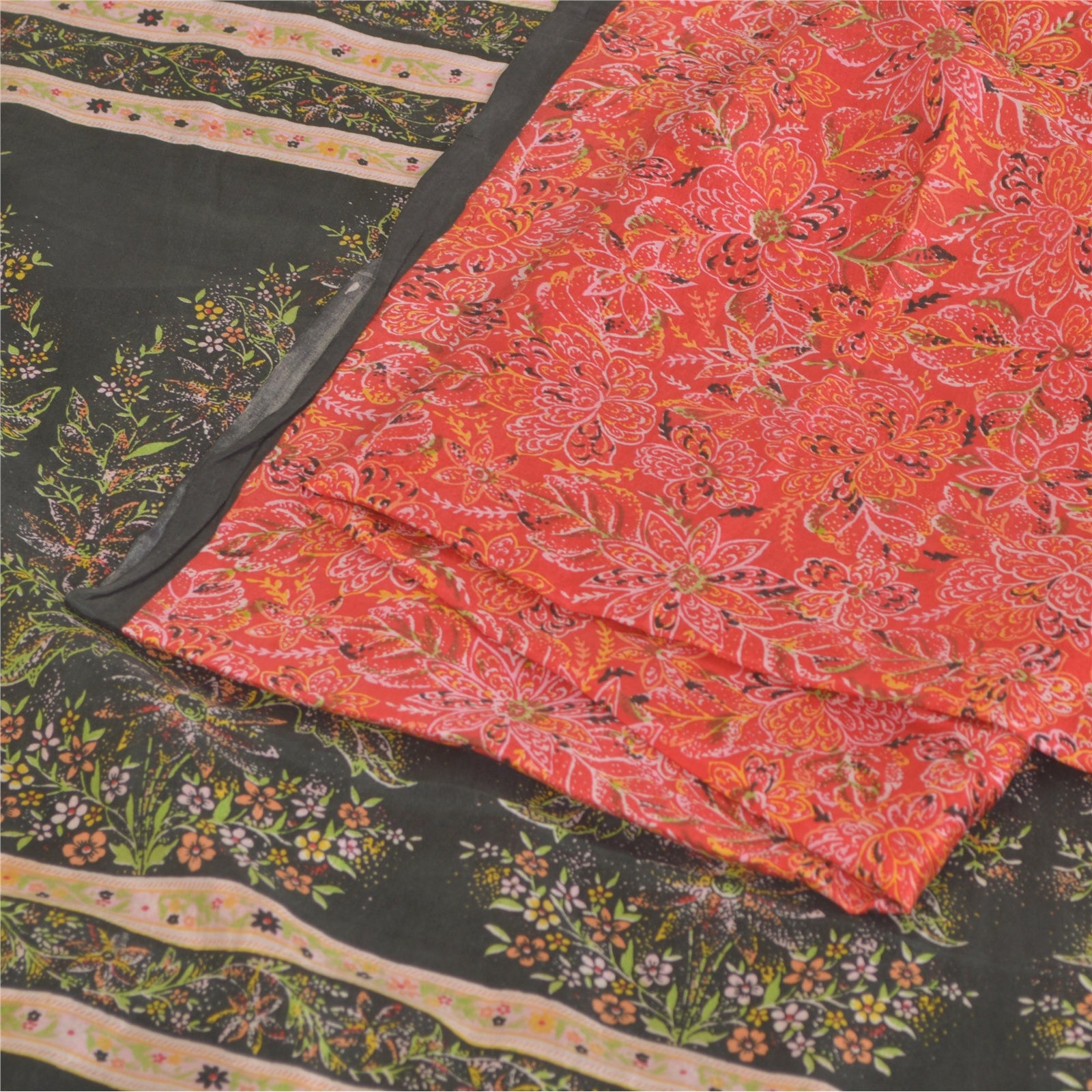 Sanskriti Vintage 100% Pure Silk Saree Red & Black Fabric 6 Yd Printed Saree-Crafts Sewing Patchwork Home Decor,Bag Making, DIY Projects