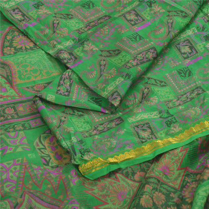 Sanskriti Vintage Sarees Green Zari Border Pure Silk Print Sari 5yd Craft Sustainable Fabric