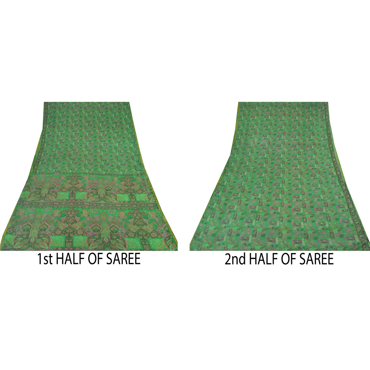 Sanskriti Vintage Sarees Green Zari Border Pure Silk Print Sari 5yd Craft Sustainable Fabric