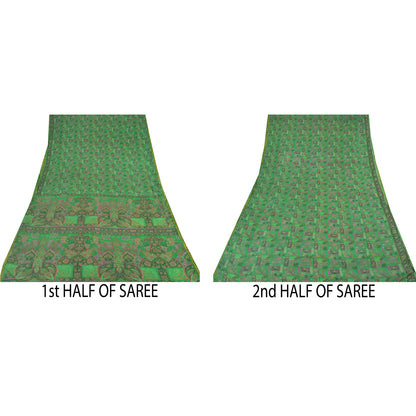 Sanskriti Vintage Sarees Green Zari Border Pure Silk Print Sari 5yd Craft Sustainable Fabric